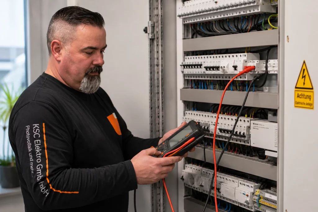 VDE-Prüfung und DGUV-V3-Prüfung durch die KSC Elektro GmbH: Elektrofachkraft prüft einen Schaltschrank und elektrische Anlagen mit modernem Messgerät gemäß DIN VDE.